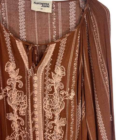 SAVANNA JANE Brown Bohemian Embroidered Peasant Blouse Lightweight Plus size 2X - Picture 3 of 8